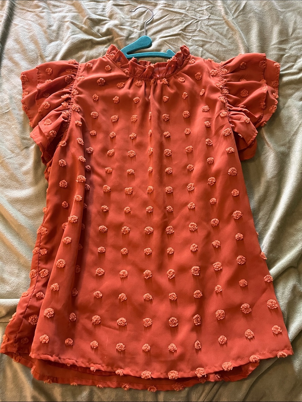 Entro Orange/Coral Textured Pom-Pom Ruffle Top